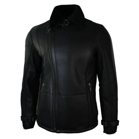 Men’s Mid-Length Fitted Black Sheepskin Jacket - Designer Cross-Zip Shearling Coat