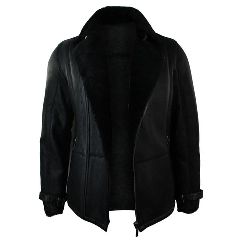 Men’s Mid-Length Fitted Black Sheepskin Jacket - Designer Cross-Zip Shearling Coat