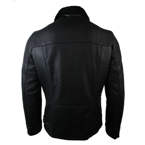 Men’s Mid-Length Fitted Black Sheepskin Jacket - Designer Cross-Zip Shearling Coat