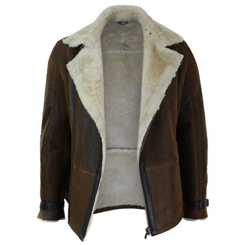 Men’s Fitted Real Shearling Vintage Jacket - Tan Brown Sheepskin Cross-Zip Aviator