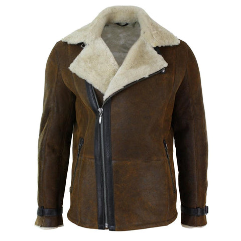 Men’s Fitted Real Shearling Vintage Jacket - Tan Brown Sheepskin Cross-Zip Aviator