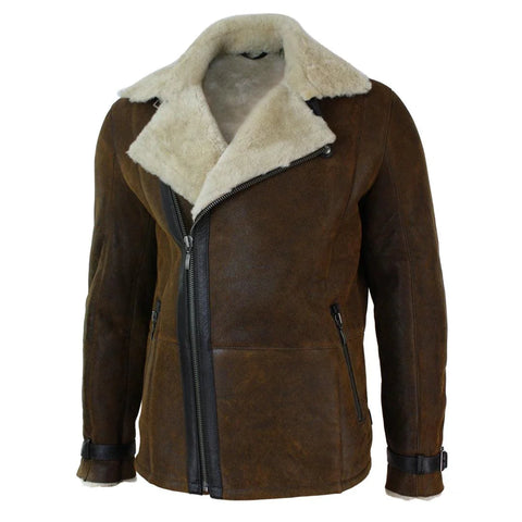 Men’s Fitted Real Shearling Vintage Jacket - Tan Brown Sheepskin Cross-Zip Aviator
