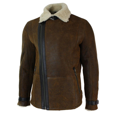 Men’s Fitted Real Shearling Vintage Jacket - Tan Brown Sheepskin Cross-Zip Aviator