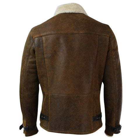 Men’s Fitted Real Shearling Vintage Jacket - Tan Brown Sheepskin Cross-Zip Aviator
