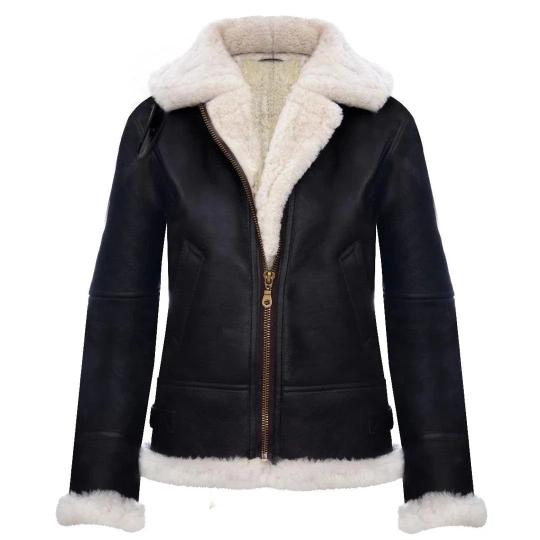Women’s Hooded Real Shearling Aviator Jacket - White & Brown Sheepskin Leather Coat