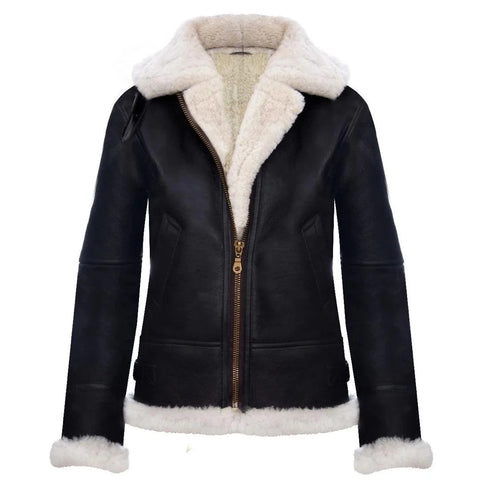 Women’s Hooded Real Shearling Aviator Jacket - White & Brown Sheepskin Leather Coat