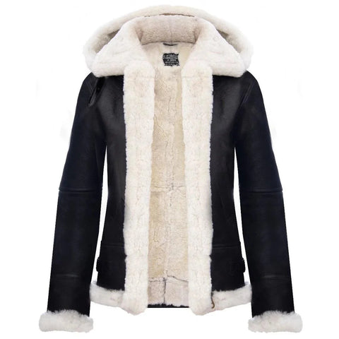 Women’s Hooded Real Shearling Aviator Jacket - White & Brown Sheepskin Leather Coat