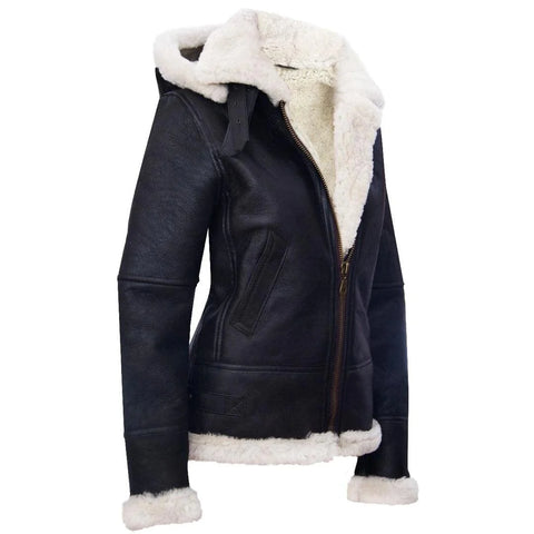 Women’s Hooded Real Shearling Aviator Jacket - White & Brown Sheepskin Leather Coat
