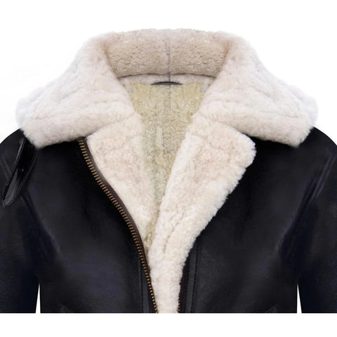 Women’s Hooded Real Shearling Aviator Jacket - White & Brown Sheepskin Leather Coat