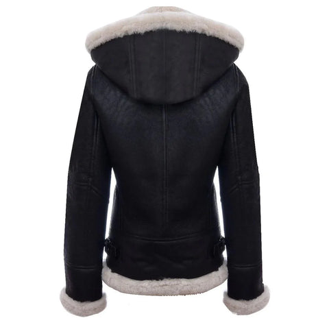 Women’s Hooded Real Shearling Aviator Jacket - White & Brown Sheepskin Leather Coat