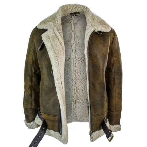 Men’s Vintage Antique RAF Air Force Pilot Jacket - Real Sheepskin & Cream Fur