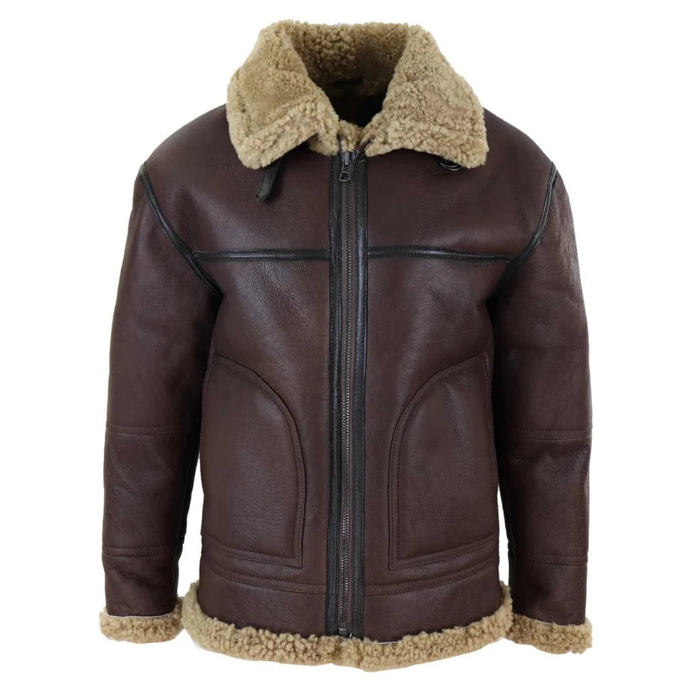 Men’s Aviator Real Shearling Bomber Jacket - Genuine Sheepskin Leather Flying Coat
