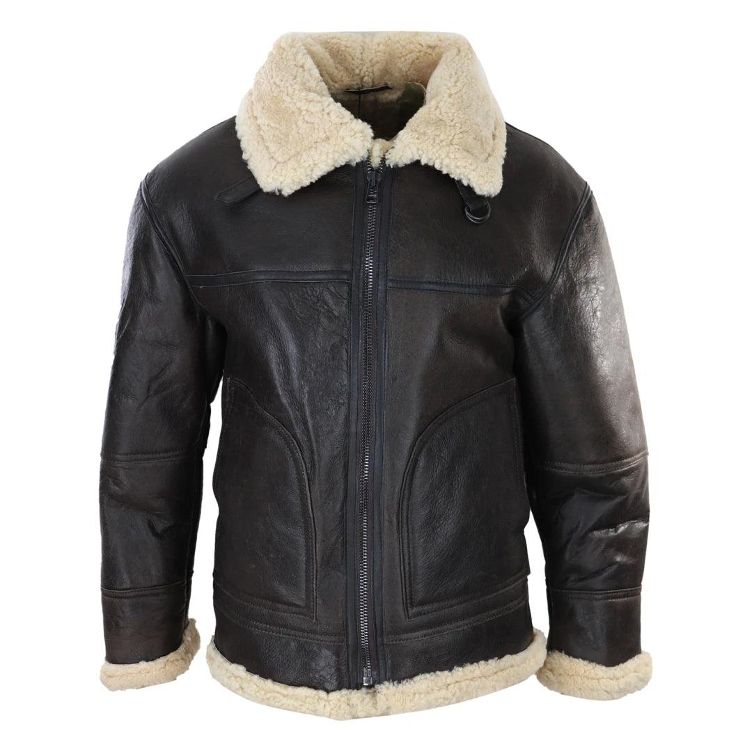 Men’s Brown Real Sheepskin Flying Jacket - Classic WW2 Military Pilot Coat with Cream Fur
