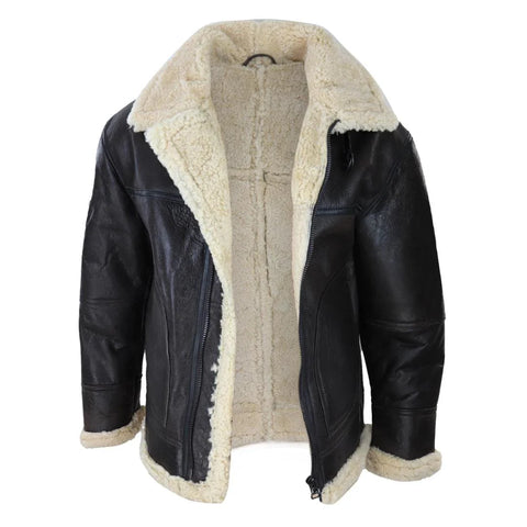Men’s Brown Real Sheepskin Flying Jacket - Classic WW2 Military Pilot Coat with Cream Fur