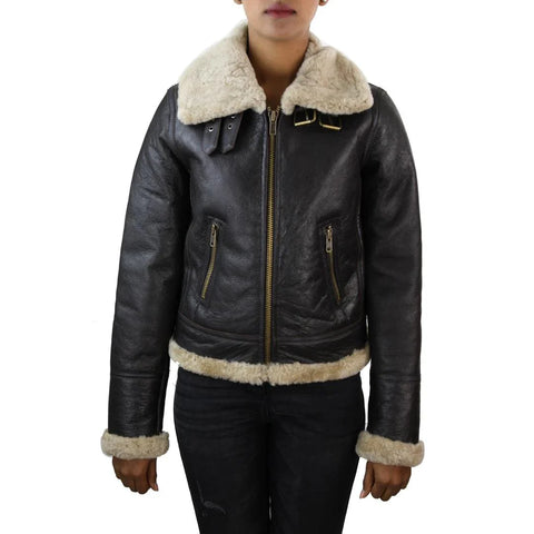 Women’s Real Sheepskin Leather Flying Jacket – Brown Aviator Coat with Beige Fur