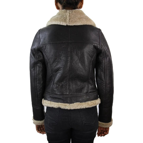 Women’s Real Sheepskin Leather Flying Jacket – Brown Aviator Coat with Beige Fur