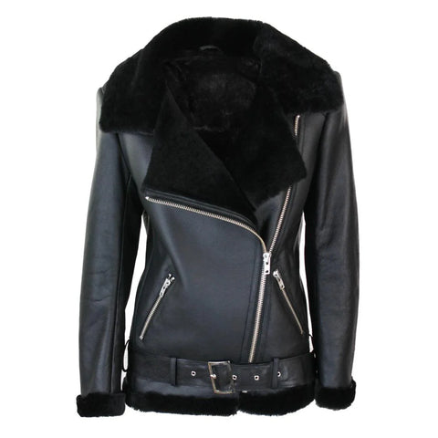 Women’s Brown Sealed Leather Sheepskin Flying Jacket – Soft Wool Shearling Aviator