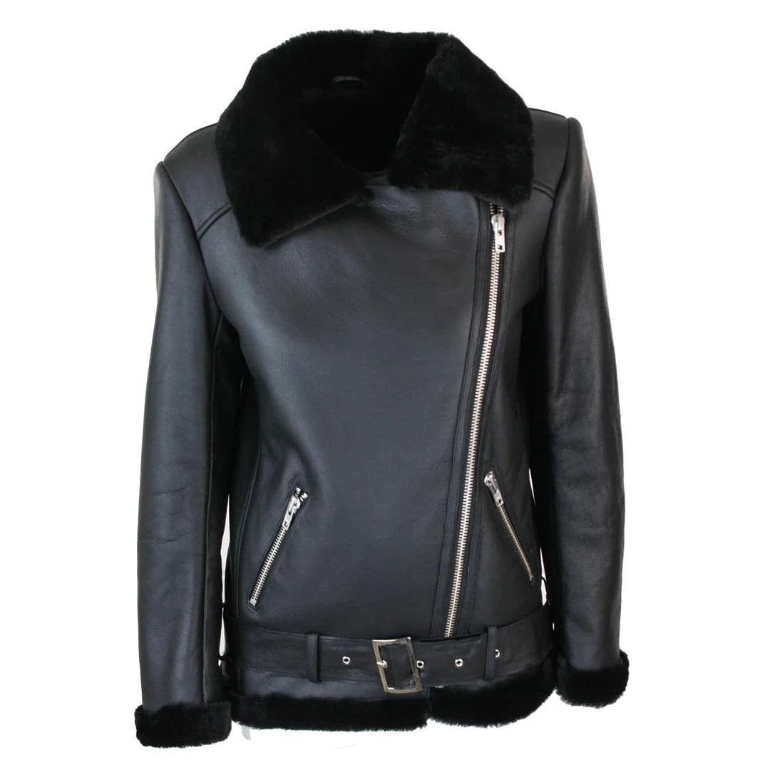 Women’s Brown Sealed Leather Sheepskin Flying Jacket – Soft Wool Shearling Aviator