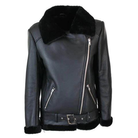 Women’s Brown Sealed Leather Sheepskin Flying Jacket – Soft Wool Shearling Aviator