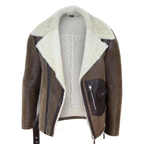 Men’s Vintage Real Sheepskin Cross-Zip Flying Jacket - Brando Style Pilot Flight Coat