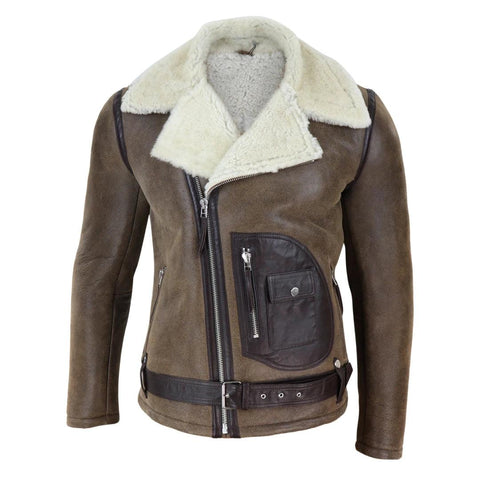 Men’s Vintage Real Sheepskin Cross-Zip Flying Jacket - Brando Style Pilot Flight Coat