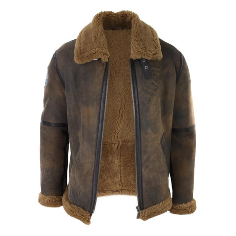 Men’s Brown Distressed Sheepskin Flying Jacket - Classic Winter Aviator with Fur