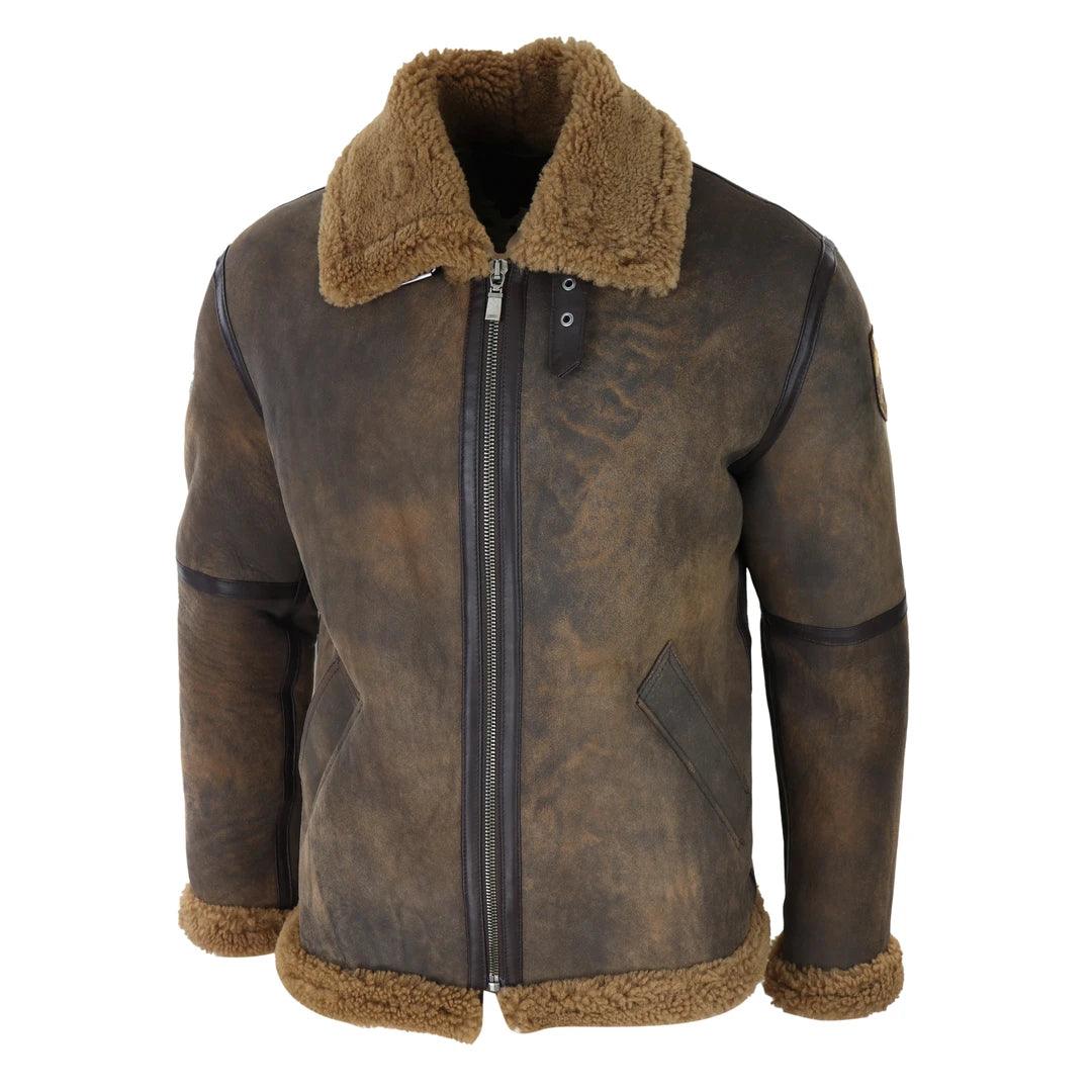 Men’s Brown Distressed Sheepskin Flying Jacket - Classic Winter Aviator with Fur