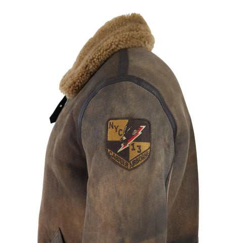 Men’s Brown Distressed Sheepskin Flying Jacket - Classic Winter Aviator with Fur