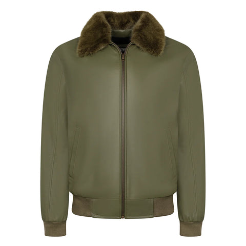 Men’s Lightweight Leather Bomber Jacket – Removable Mink Fur Collar Slim-Fit Jacket