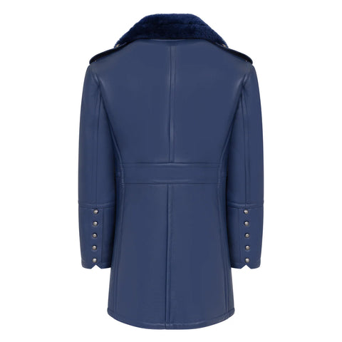 Men’s Blue Sheepskin Shearling Trench Coat – Classic Open-Front Winter Overcoat