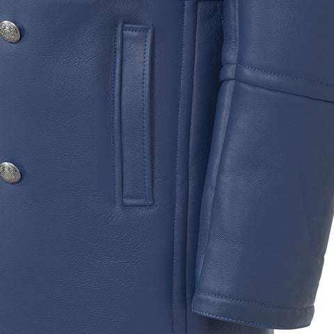 Men’s Blue Sheepskin Shearling Trench Coat – Classic Open-Front Winter Overcoat