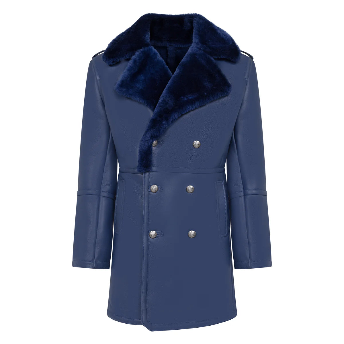 Men’s Blue Sheepskin Shearling Trench Coat – Classic Open-Front Winter Overcoat