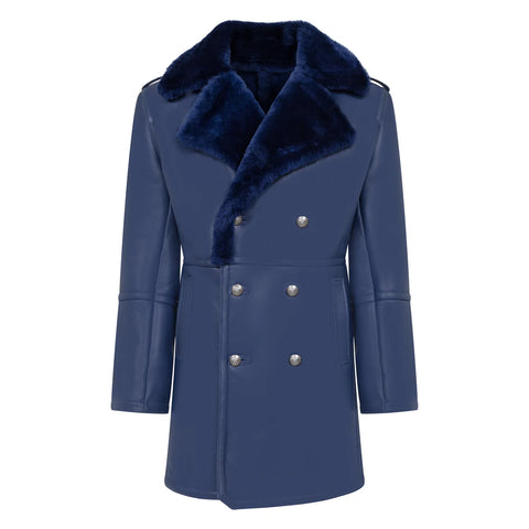 Men’s Blue Sheepskin Shearling Trench Coat – Classic Open-Front Winter Overcoat