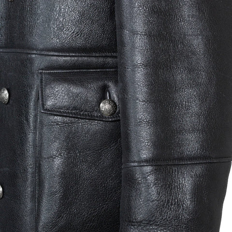 Men’s Black Sheepskin Winter Trench Coat – Classic Button-Up Shearling Overcoat
