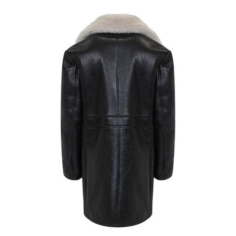 Men’s Black Sheepskin Winter Trench Coat – Classic Button-Up Shearling Overcoat