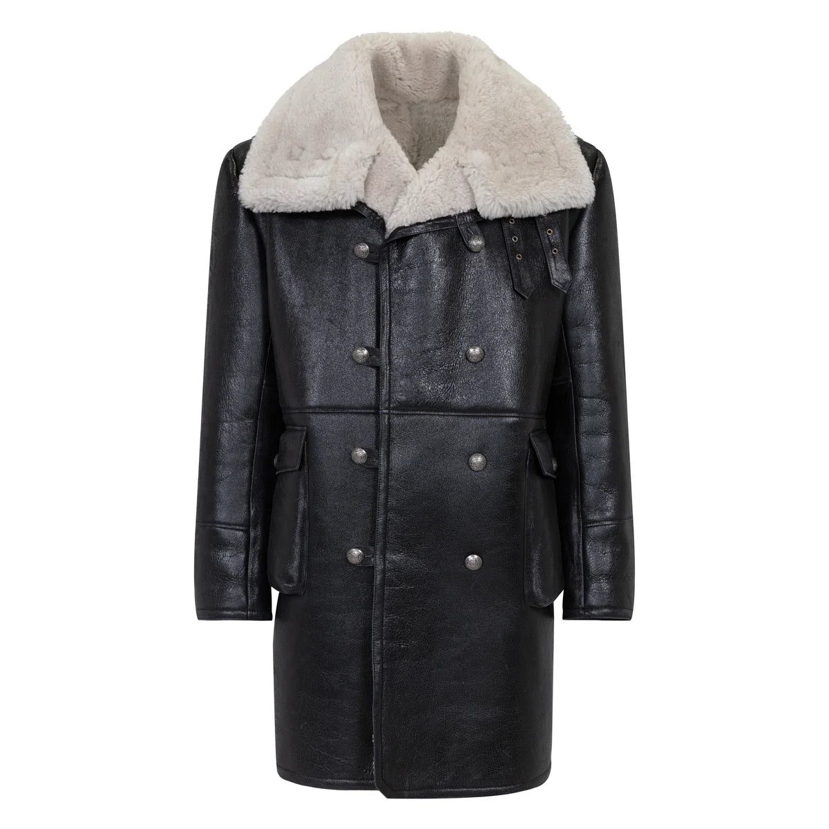 Men’s Black Sheepskin Winter Trench Coat – Classic Button-Up Shearling Overcoat