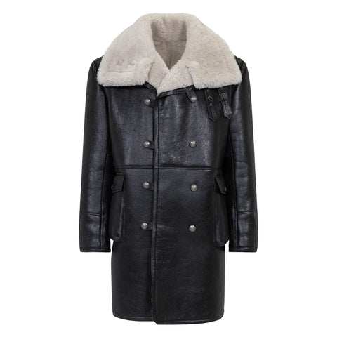 Men’s Black Sheepskin Winter Trench Coat – Classic Button-Up Shearling Overcoat