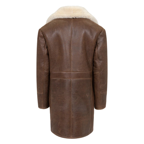 Men’s Brown Sheepskin Winter Trench Coat – Classic Button-Up Shearling Overcoat