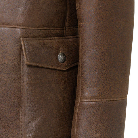 Men’s Brown Sheepskin Winter Trench Coat – Classic Button-Up Shearling Overcoat