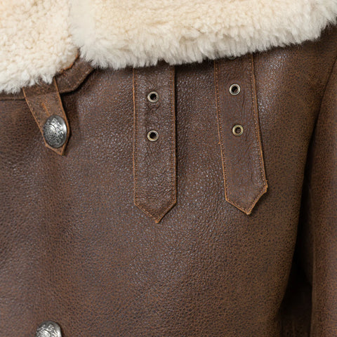 Men’s Brown Sheepskin Winter Trench Coat – Classic Button-Up Shearling Overcoat