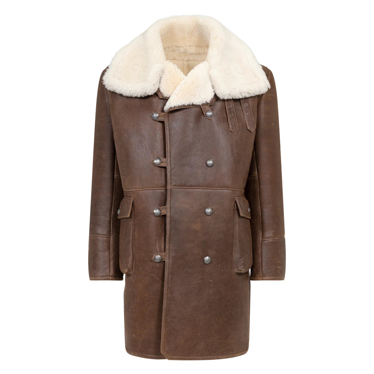 Men’s Brown Sheepskin Winter Trench Coat – Classic Button-Up Shearling Overcoat
