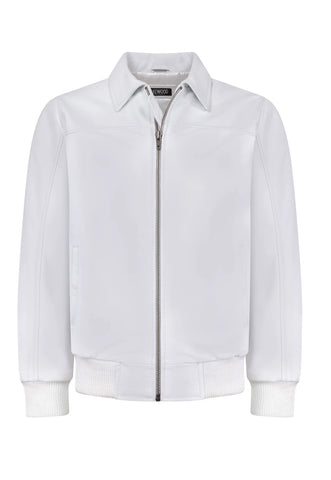 Men’s Arctic White Leather Bomber Jacket – Luxury Slim-Fit Urban Flight Jacket
