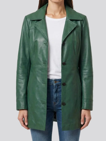Kandis Women's Green Real Leather Car Coat - Forest 3/4 Luxe Rider