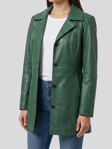 Kandis Women's Green Real Leather Car Coat - Forest 3/4 Luxe Rider