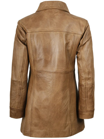 Kandis Women's Camel Brown Real Leather Car Coat - Desert Luxe 3/4 Rider