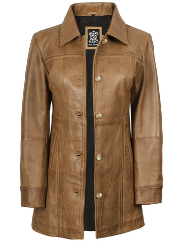 Kandis Women's Camel Brown Real Leather Car Coat - Desert Luxe 3/4 Rider