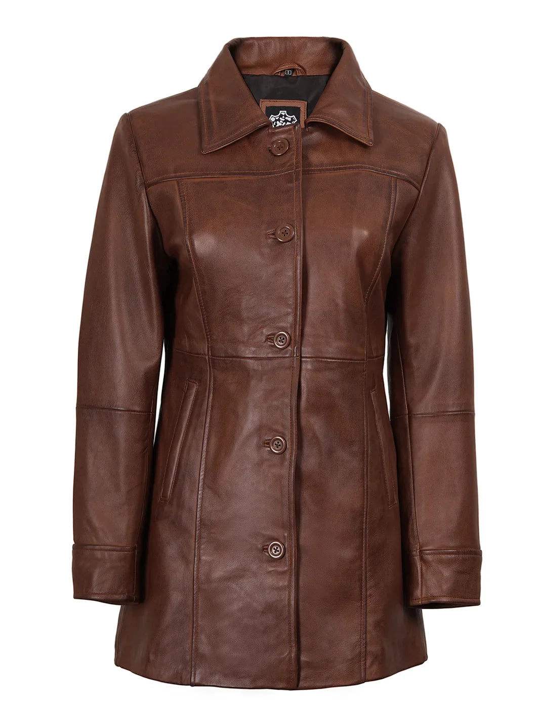 Kandis Women's Cognac Brown Leather Car Coat - Classic 3/4 Rider Elegance