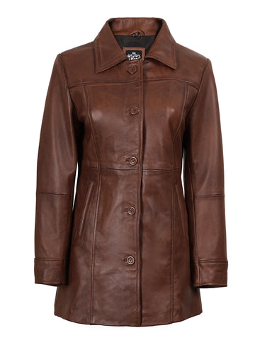 Kandis Women's Cognac Brown Leather Car Coat - Classic 3/4 Rider Elegance