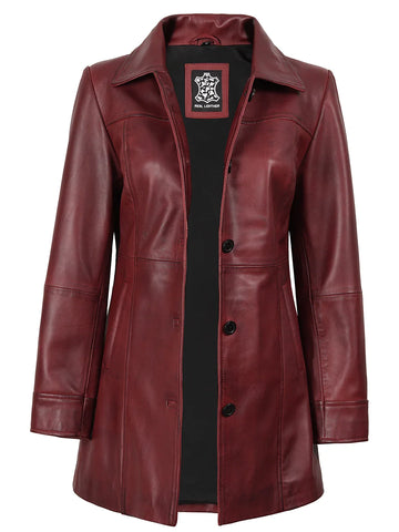 Kandis Women's Burgundy Real Leather Car Coat - Rich Wine 3/4 Rider Elegance