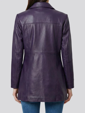 Women's 3/4 Length Purple Leather Car Coat - Vibrant Moto Chic Rider